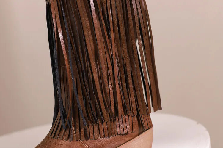 Fringe Western Boots Pink Sweet Embroidered Boots Brown Tassels Block Medium Heels Shoes Plus Size 48 Lady
